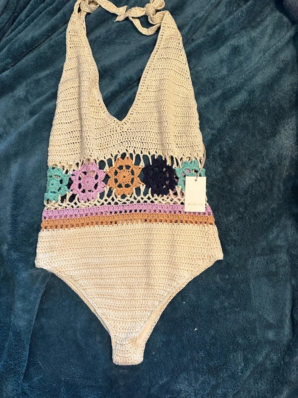 Crochet Halter Bodysuit - Cream with Multicolor Floral Trim